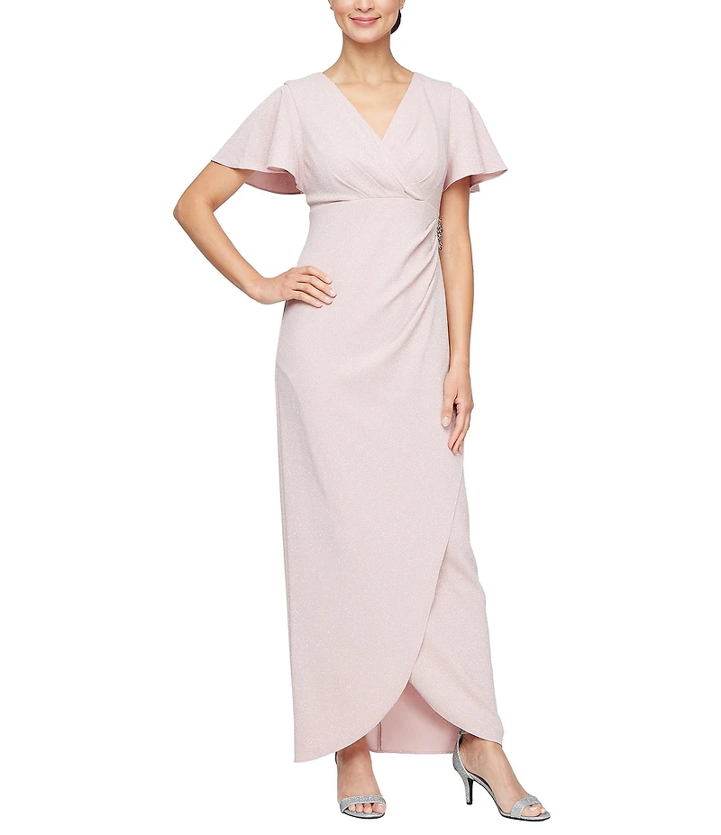 Ignite Evenings Petite Size Short Flutter Sleeve V-Neck Glitter Knit Gown