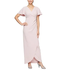 Ignite Evenings Petite Size Short Flutter Sleeve V-Neck Glitter Knit Gown