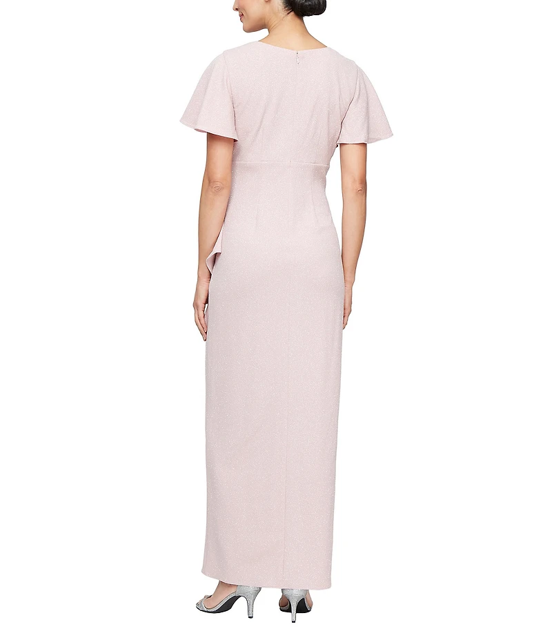 Ignite Evenings Petite Size Short Flutter Sleeve V-Neck Glitter Knit Gown