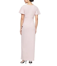 Ignite Evenings Petite Size Short Flutter Sleeve V-Neck Glitter Knit Gown