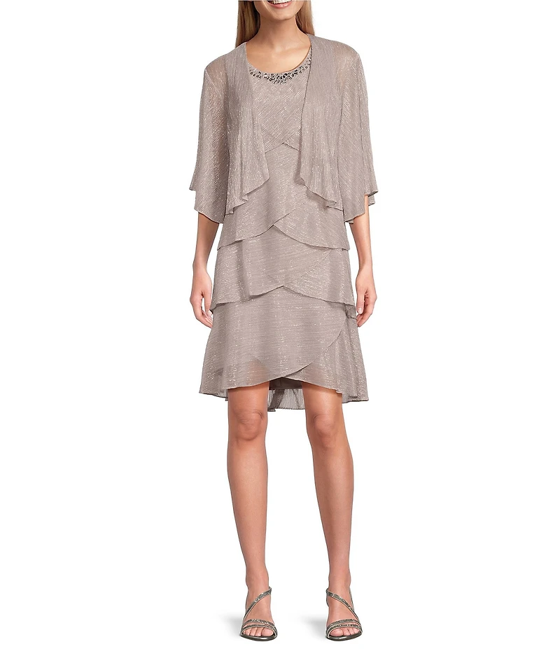 Ignite Evenings Petite Size Short Sleeve Embellished Crew Neck 2-Piece Jacket Dress