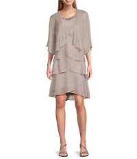 Ignite Evenings Petite Size Short Sleeve Embellished Crew Neck 2-Piece Jacket Dress