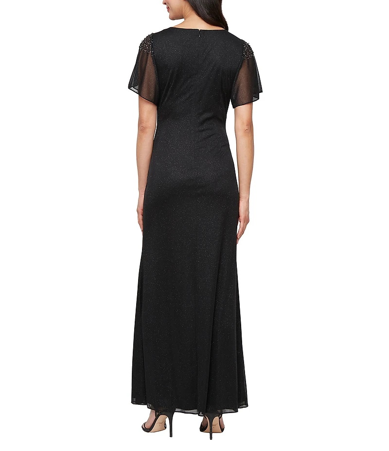 Ignite Evenings Petite Size Short Sleeve Boat Neck Front Slit Glitter Jersey Dress