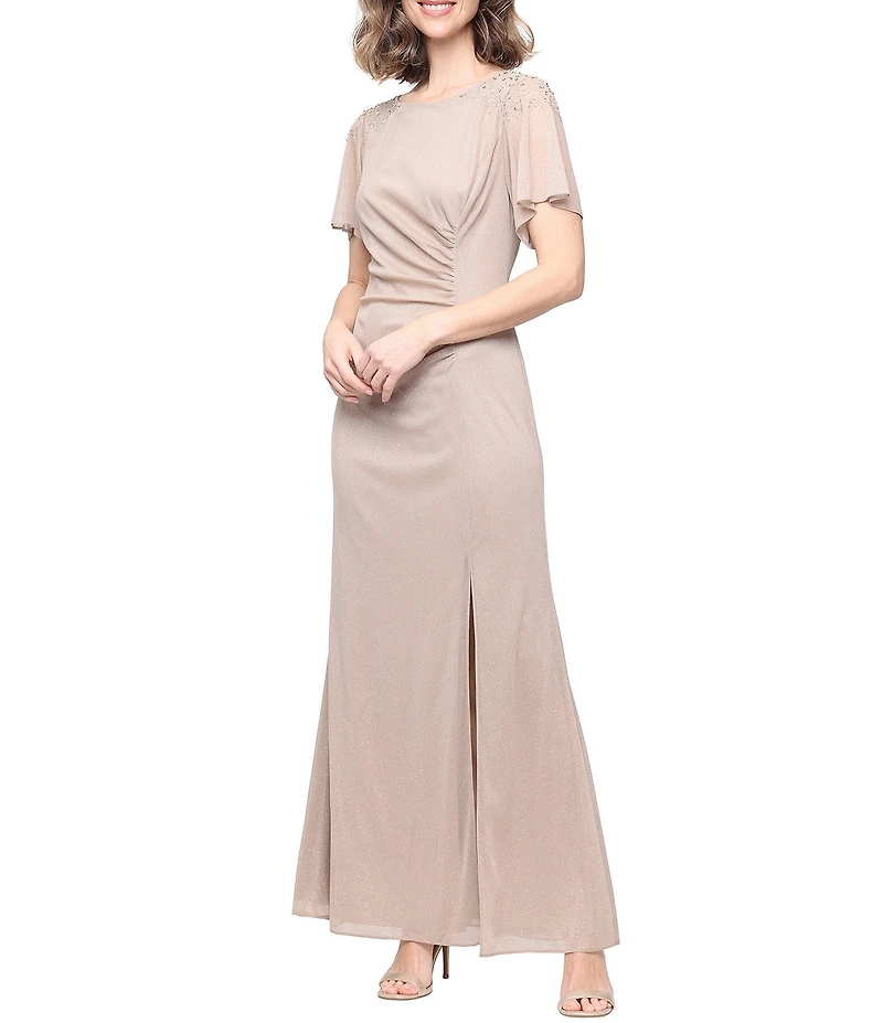 Ignite Evenings Petite Size Short Sleeve Boat Neck Front Slit Glitter Jersey Dress