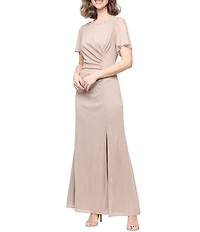 Ignite Evenings Petite Size Short Sleeve Boat Neck Front Slit Glitter Jersey Dress