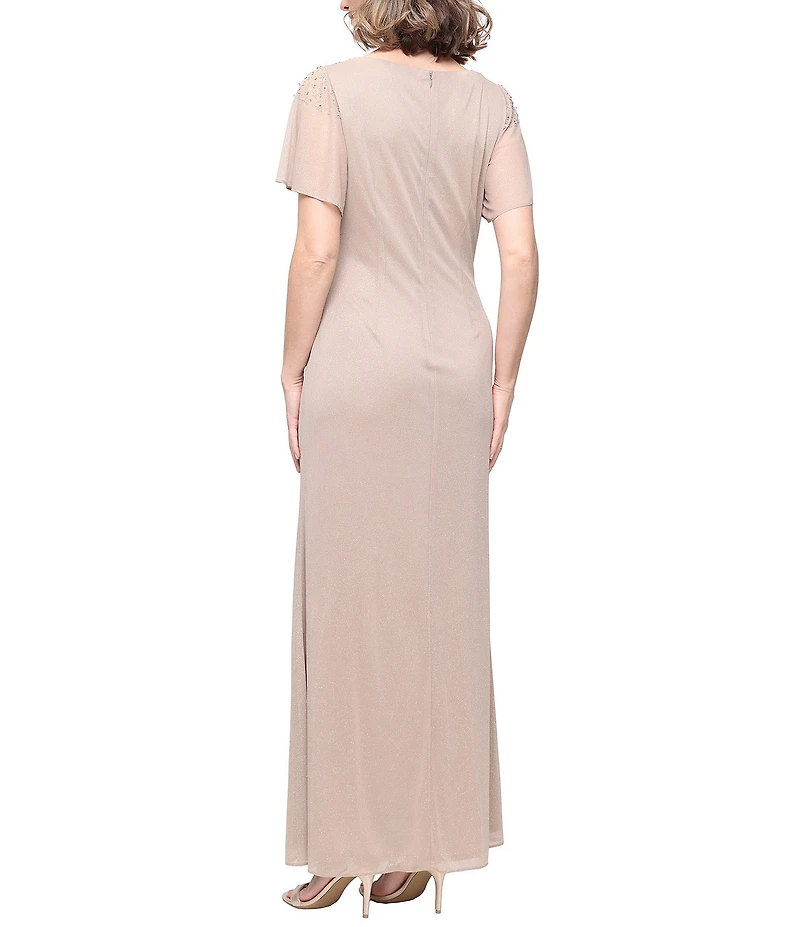 Ignite Evenings Petite Size Short Sleeve Boat Neck Front Slit Glitter Jersey Dress