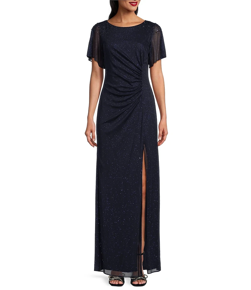 Ignite Evenings Petite Size Short Sleeve Boat Neck Front Slit Glitter Jersey Dress
