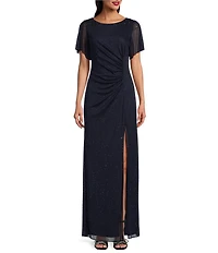 Ignite Evenings Petite Size Short Sleeve Boat Neck Front Slit Glitter Jersey Dress
