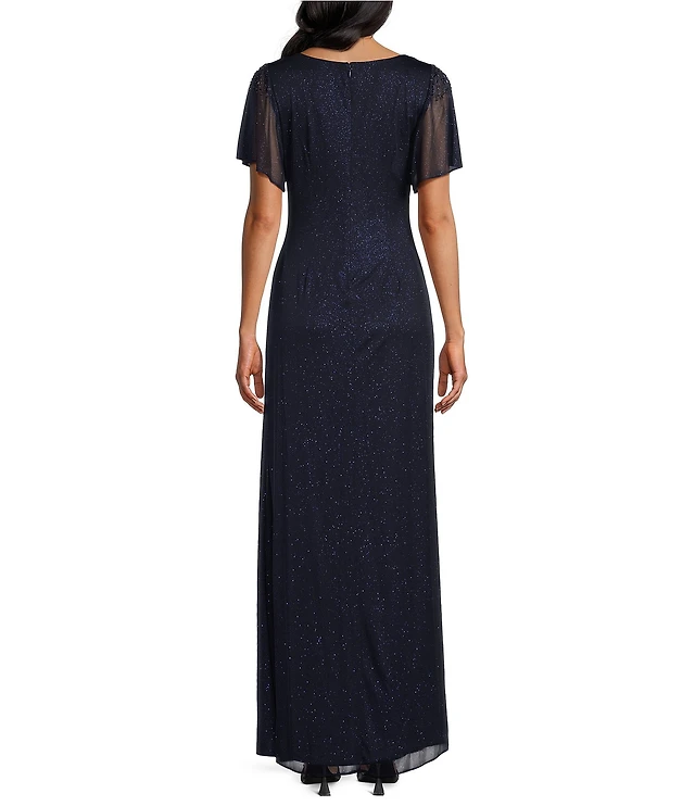 Ignite Evenings Petite Size Short Sleeve Boat Neck Front Slit Glitter  Jersey Dress at Hamilton Place in Chattanooga, TN