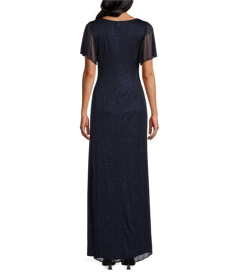 Ignite Evenings Petite Size Short Sleeve Boat Neck Front Slit Glitter Jersey Dress