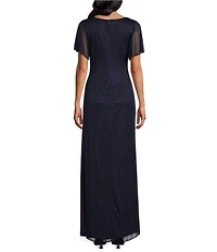 Ignite Evenings Petite Size Short Sleeve Boat Neck Front Slit Glitter Jersey Dress