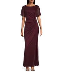 Ignite Evenings Petite Size Short Sleeve Boat Neck Front Slit Glitter Jersey Dress