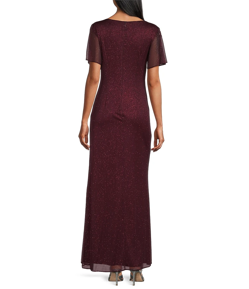 Ignite Evenings Petite Size Short Sleeve Boat Neck Front Slit Glitter Jersey Dress