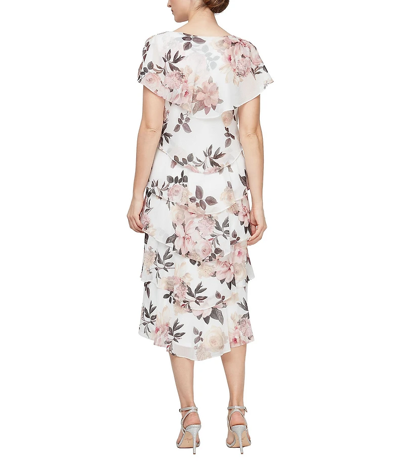 Ignite Evenings Petite Size Short Sleeve Tiered Floral Print Midi Dress