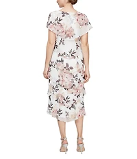 Ignite Evenings Petite Size Short Sleeve Tiered Floral Print Midi Dress