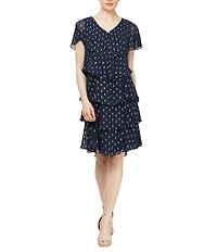 Ignite Evenings Petite Size Short Sleeve V-Neck Metallic Polka Dot Tiered Caplet Dress