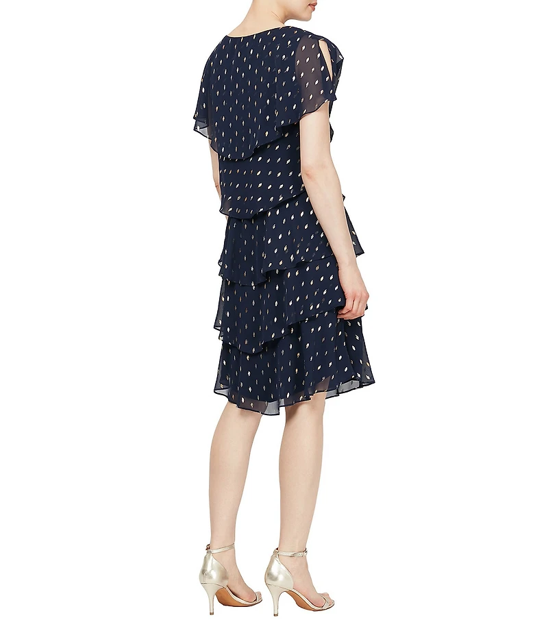 Ignite Evenings Petite Size Short Sleeve V-Neck Metallic Polka Dot Tiered Caplet Dress