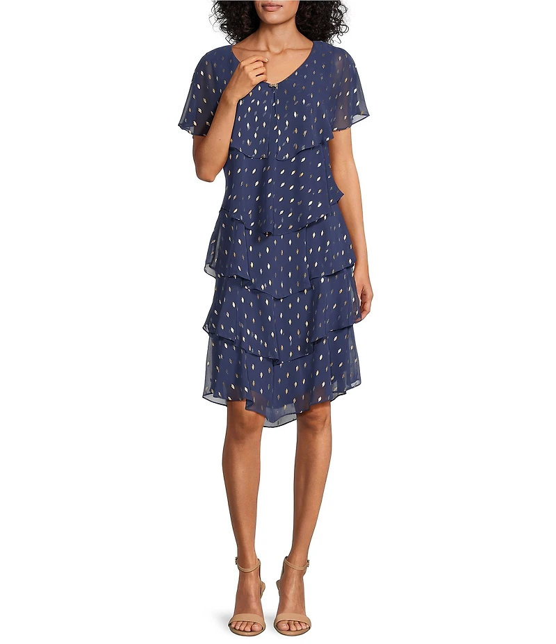 Ignite Evenings Petite Size Short Sleeve V-Neck Metallic Polka Dot Tiered Caplet Dress