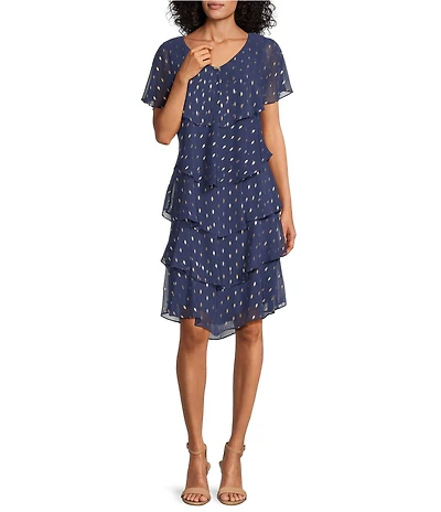 Ignite Evenings Petite Size Short Sleeve V-Neck Metallic Polka Dot Tiered Caplet Dress