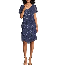 Ignite Evenings Petite Size Short Sleeve V-Neck Metallic Polka Dot Tiered Caplet Dress