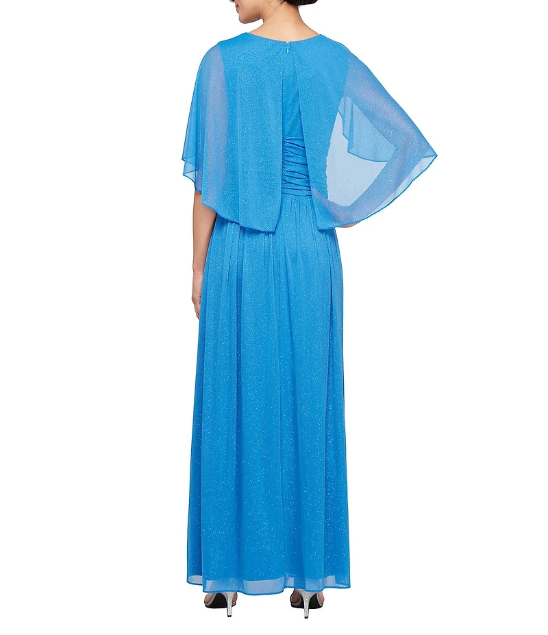 Ignite Evenings Petite Size V-Neck 3/4 Illusion Sleeve Glitter Mesh Gown