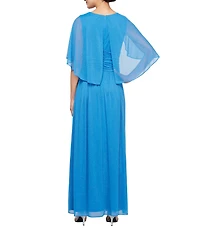 Ignite Evenings Petite Size V-Neck 3/4 Illusion Sleeve Glitter Mesh Gown