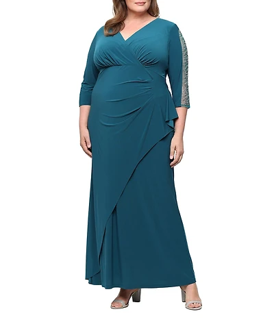 Ignite Evenings Plus Size 3/4 Beaded Illsuion SLeeves Surplice Neck Empire Waist Long Matte Jersey Dress