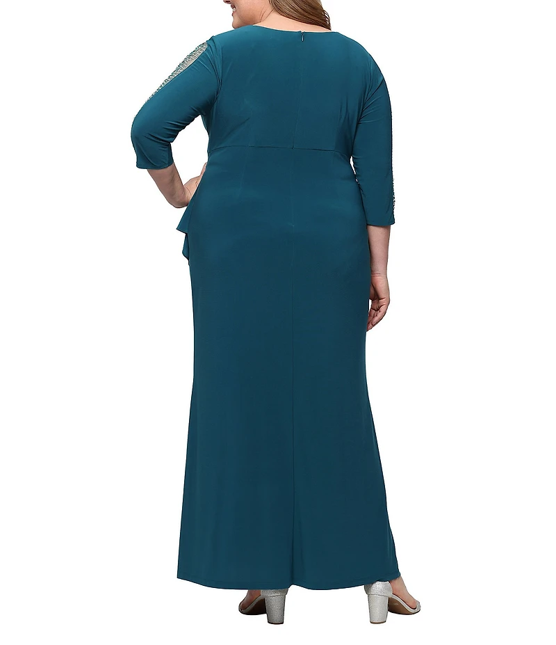 Ignite Evenings Plus Size 3/4 Beaded Illsuion SLeeves Surplice Neck Empire Waist Long Matte Jersey Dress