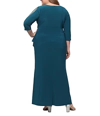 Ignite Evenings Plus Size 3/4 Beaded Illsuion SLeeves Surplice Neck Empire Waist Long Matte Jersey Dress