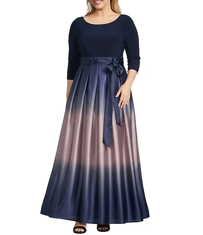 Ignite Evenings Plus Size 3/4 Sleeve Round Neck Ribbon Belted Detail Ombre Satin Ball Gown