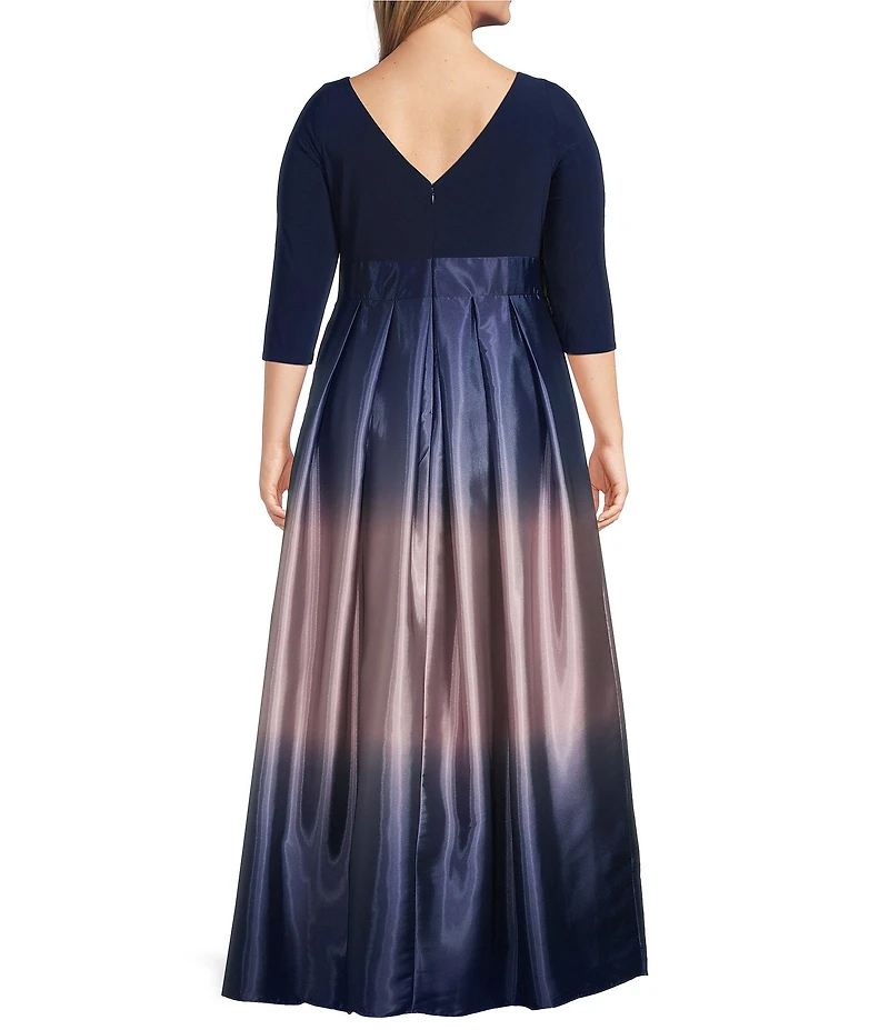 Ignite Evenings Plus Size 3/4 Sleeve Round Neck Ribbon Belted Detail Ombre Satin Ball Gown