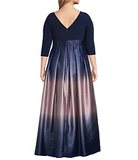 Ignite Evenings Plus Size 3/4 Sleeve Round Neck Ribbon Belted Detail Ombre Satin Ball Gown