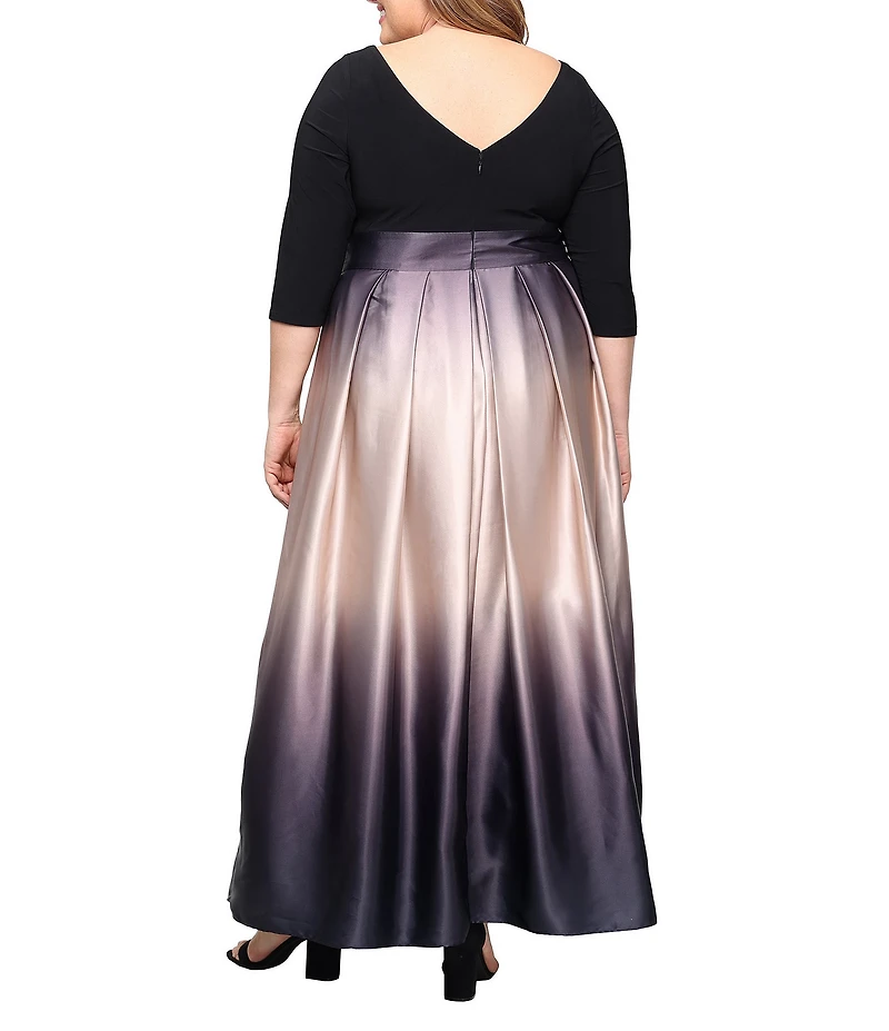 Ignite Evenings Plus Size 3/4 Sleeve Round Neck Ribbon Belted Detail Ombre Satin Ball Gown