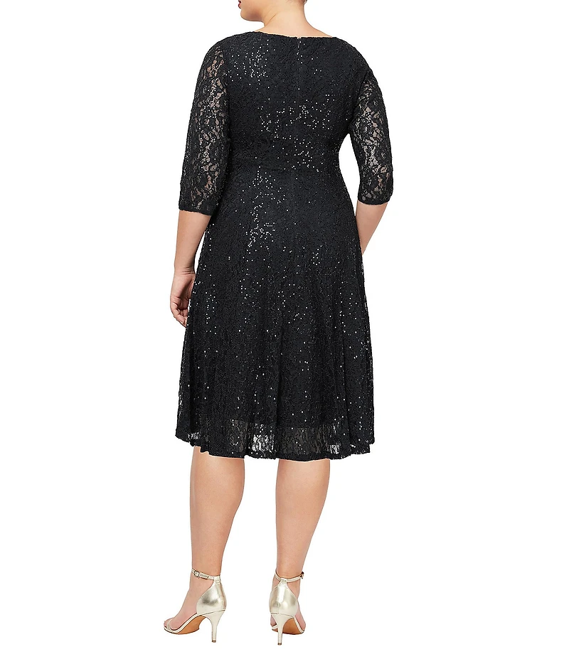 Ignite Evenings Plus Size 3/4 Sleeve V-Neck Sequin Lace A-Line Dress