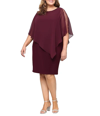 Ignite Evenings Plus Size Round Neck Embellished Elbow Sleeve Asymmetrical Popover Sheath Dress