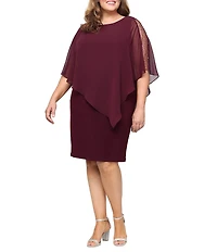 Ignite Evenings Plus Size Round Neck Embellished Elbow Sleeve Asymmetrical Popover Sheath Dress