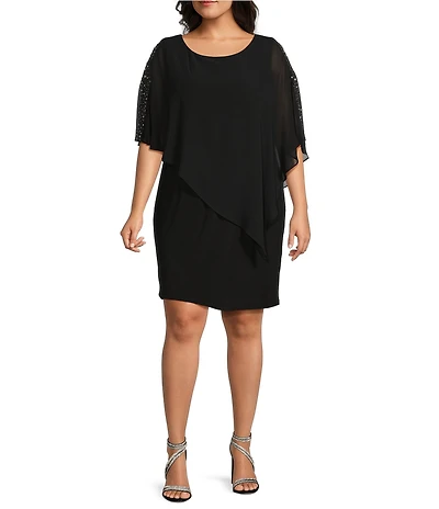 Ignite Evenings Plus Size Round Neck Embellished Elbow Sleeve Asymmetrical Popover Sheath Dress