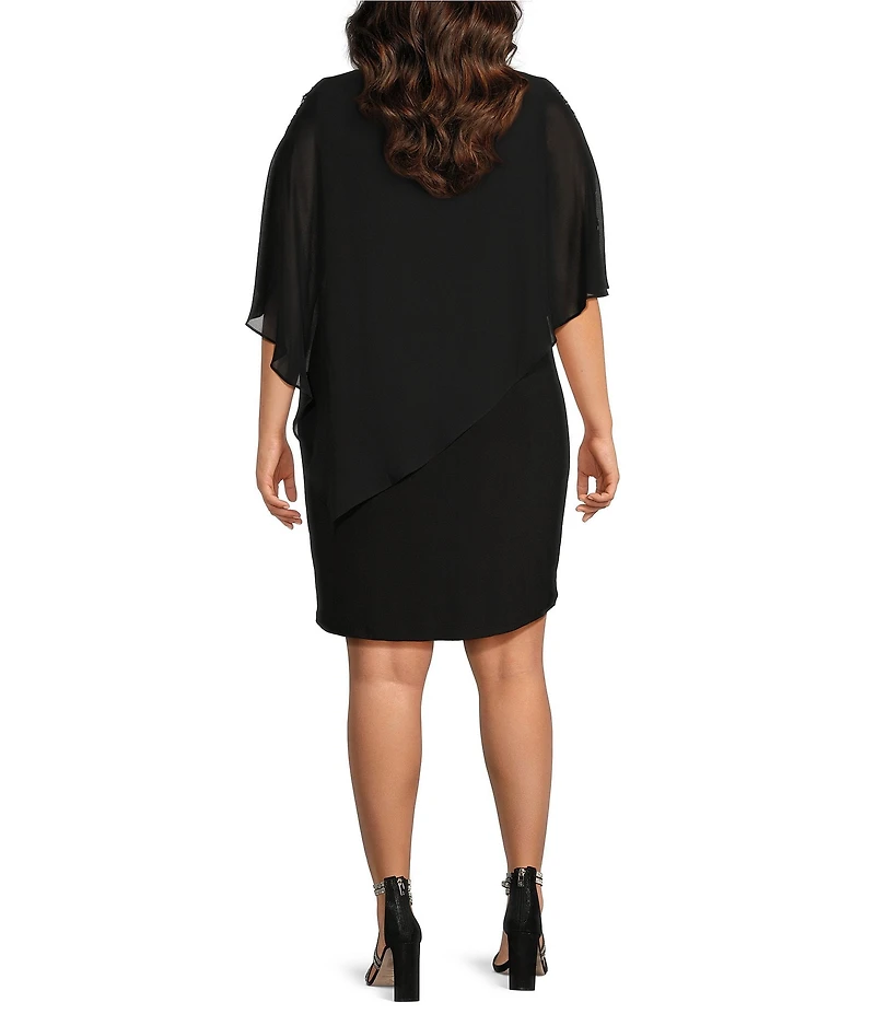 Ignite Evenings Plus Size Round Neck Embellished Elbow Sleeve Asymmetrical Popover Sheath Dress