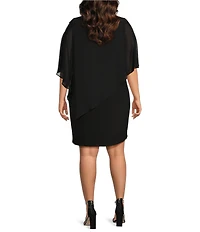 Ignite Evenings Plus Size Round Neck Embellished Elbow Sleeve Asymmetrical Popover Sheath Dress