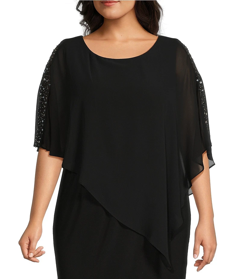 Ignite Evenings Plus Size Round Neck Embellished Elbow Sleeve Asymmetrical Popover Sheath Dress