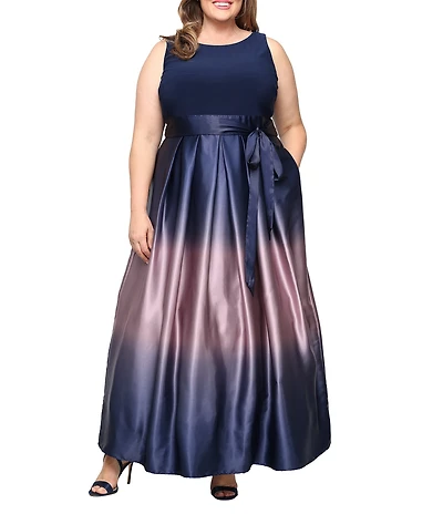 Ignite Evenings Plus Size Boat Neck Ombre Satin Bow Sleeveless Gown