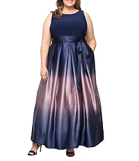 Ignite Evenings Plus Size Boat Neck Ombre Satin Bow Sleeveless Gown
