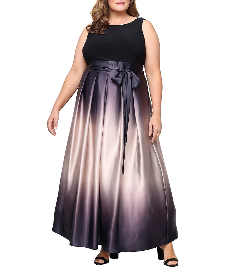 Ignite Evenings Plus Size Boat Neck Ombre Satin Bow Sleeveless Gown