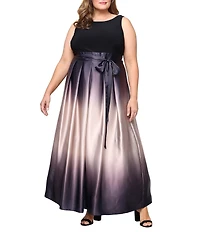 Ignite Evenings Plus Size Boat Neck Ombre Satin Bow Sleeveless Gown