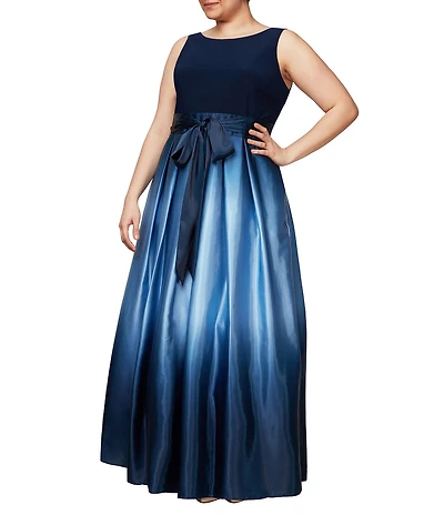 Ignite Evenings Plus Size Boat Neck Ombre Satin Bow Sleeveless Gown