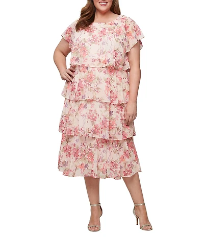 Ignite Evenings Plus Size Boat Neck Short Sleeve Tiered Floral Midi Dress