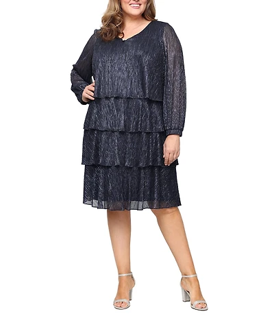 Ignite Evenings Plus Size Bodre Metallic 3/4 Bubble Sleeve Tiered Skirt Dress