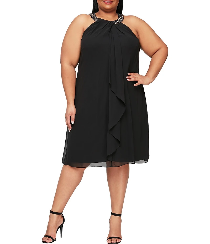 Ignite Evenings Plus Size Braid Bead Halter Neck Sleeveless Ruffle Chiffon Dress