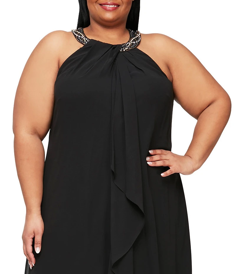 Ignite Evenings Plus Size Braid Bead Halter Neck Sleeveless Ruffle Chiffon Dress