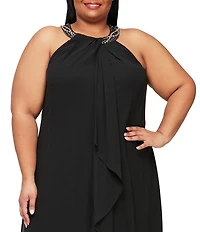 Ignite Evenings Plus Size Braid Bead Halter Neck Sleeveless Ruffle Chiffon Dress